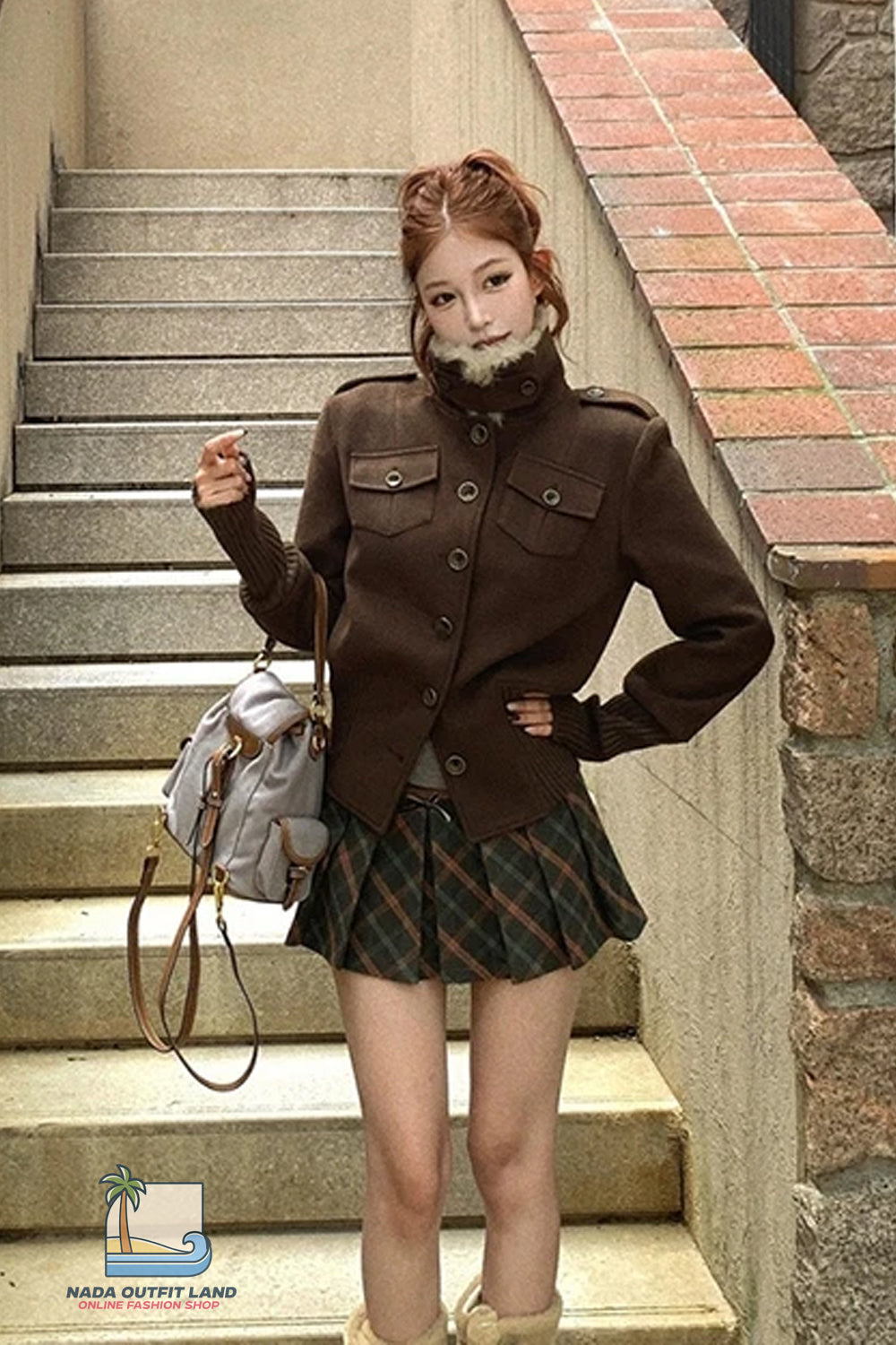 Long Sleeve Vintage Stand Collar Cropped Brown Coat Jacket