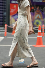 High Waist Floral Embroidered Slimming Side Slit Midi Skirts