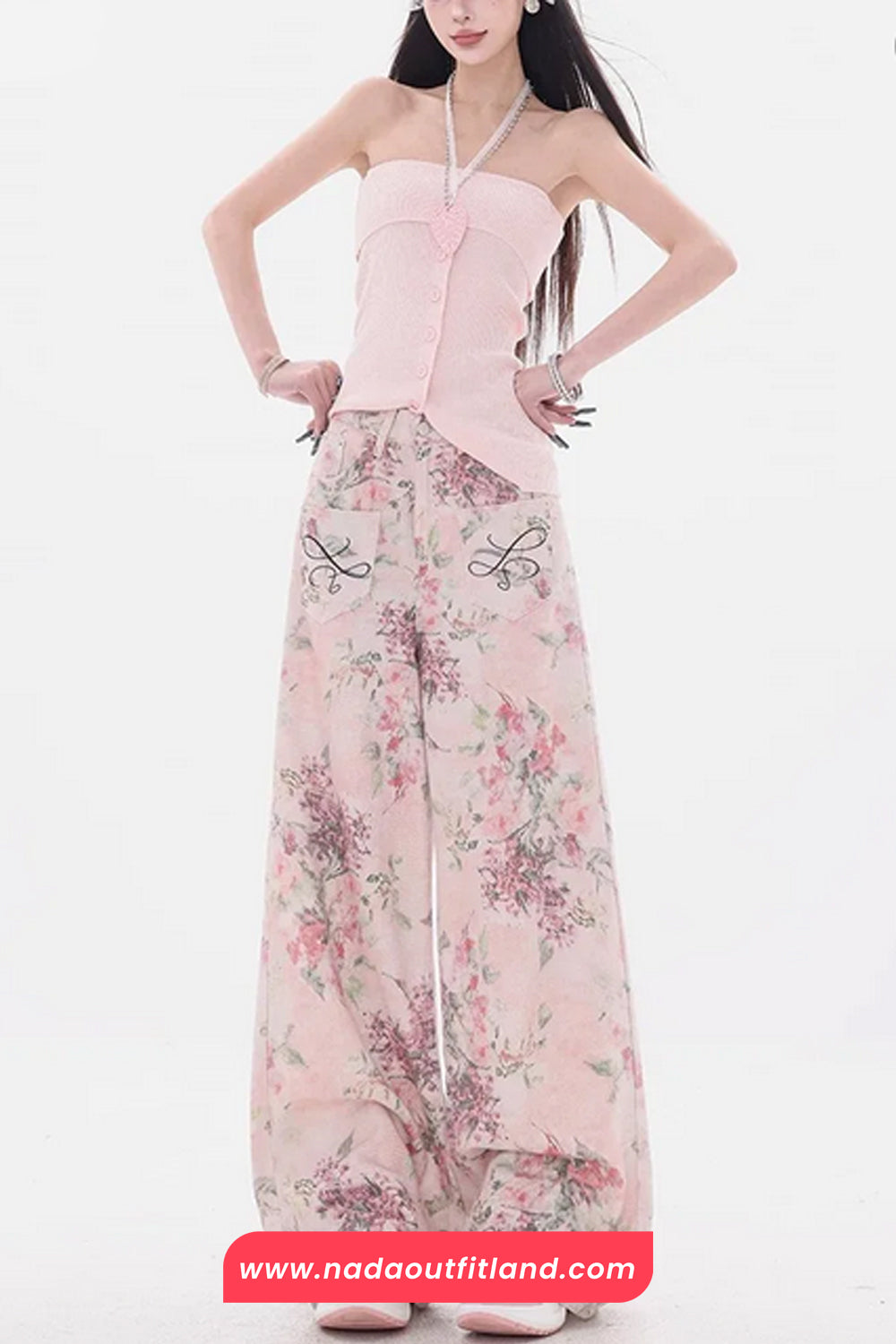 High Waist Floral Pattern Pink Pants