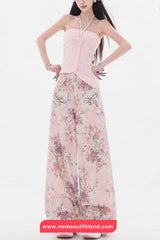 High Waist Floral Pattern Pink Pants