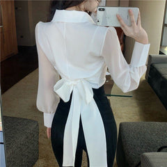 Long Sleeve Lapel Collar Cute Bow Office Blouse Shirt
