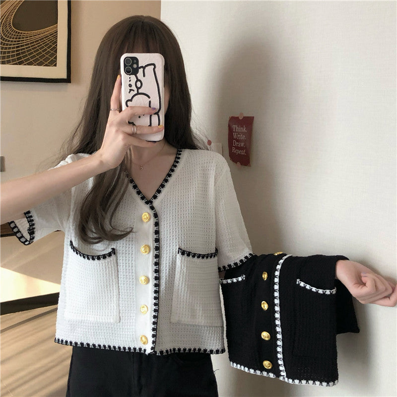 V-Neck Short Sleeve Knitted Tunic Cropped Shirt