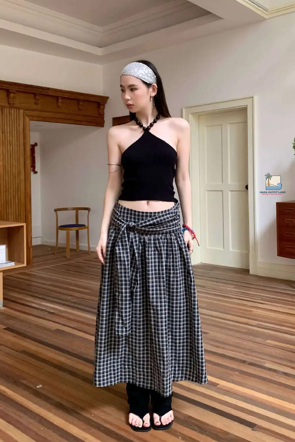 Vintage Plaid Bandage Pleated Long Skirts