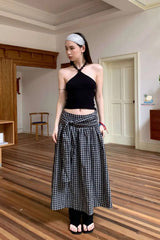 Vintage Plaid Bandage Pleated Long Skirts