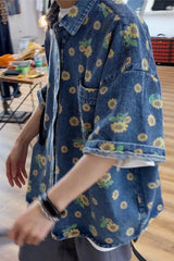 Short Sleeve Daisy Printed Denim Men Shirts