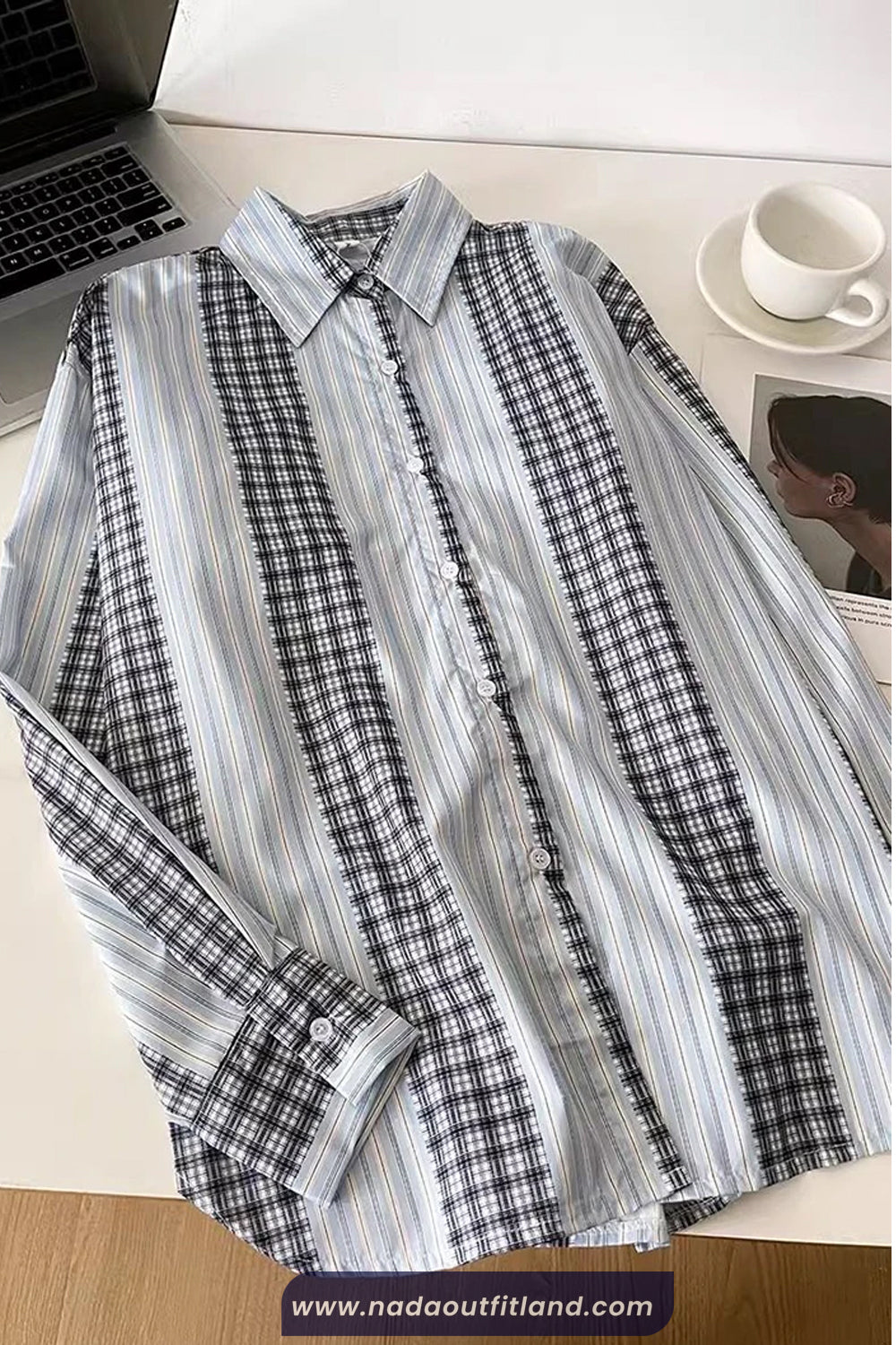 Long Sleeve Retro Striped And Plaid Combination Blouse Shirt