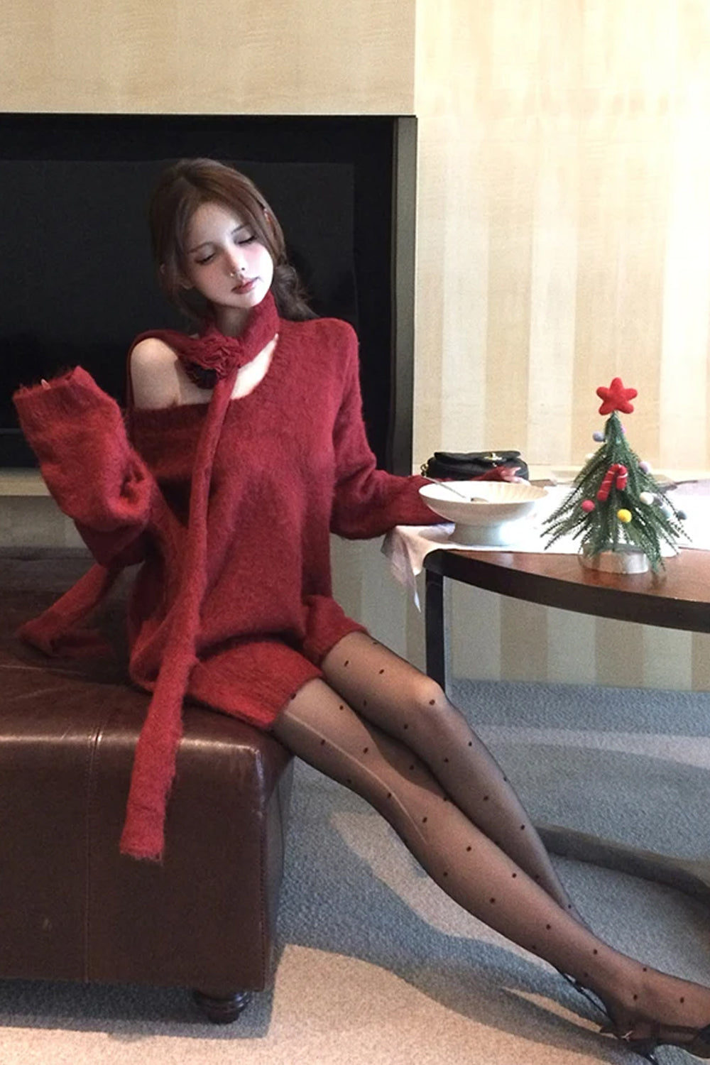 Long Sleeve Off Shoulder Knitted Sweater With Scarf