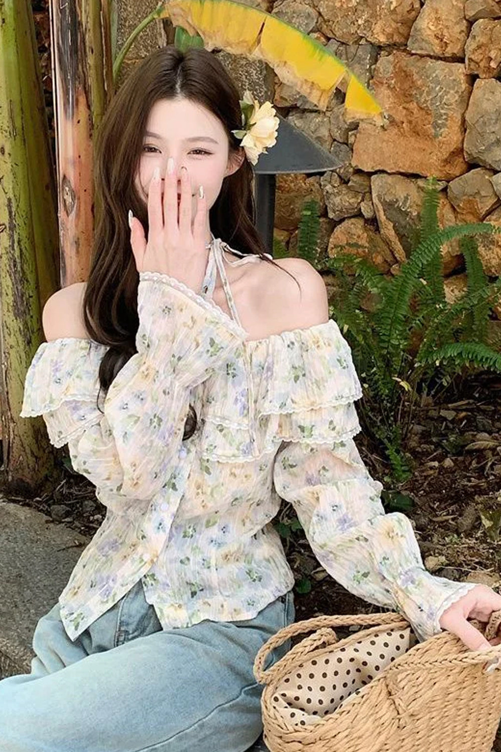 Long Sleeve Sexy Slash Neck Elegant Floral Blouse Shirt