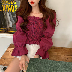 Long Sleeve Plaid Sexy Square Collar Bow Crop Tops