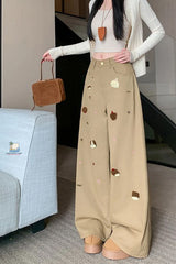High Waist Loose Cute Dog Embroidered Khaki Jeans Pants