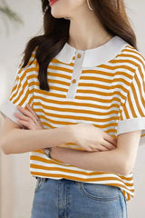 Retro Doll Collar Short Sleeve Striped Shirt