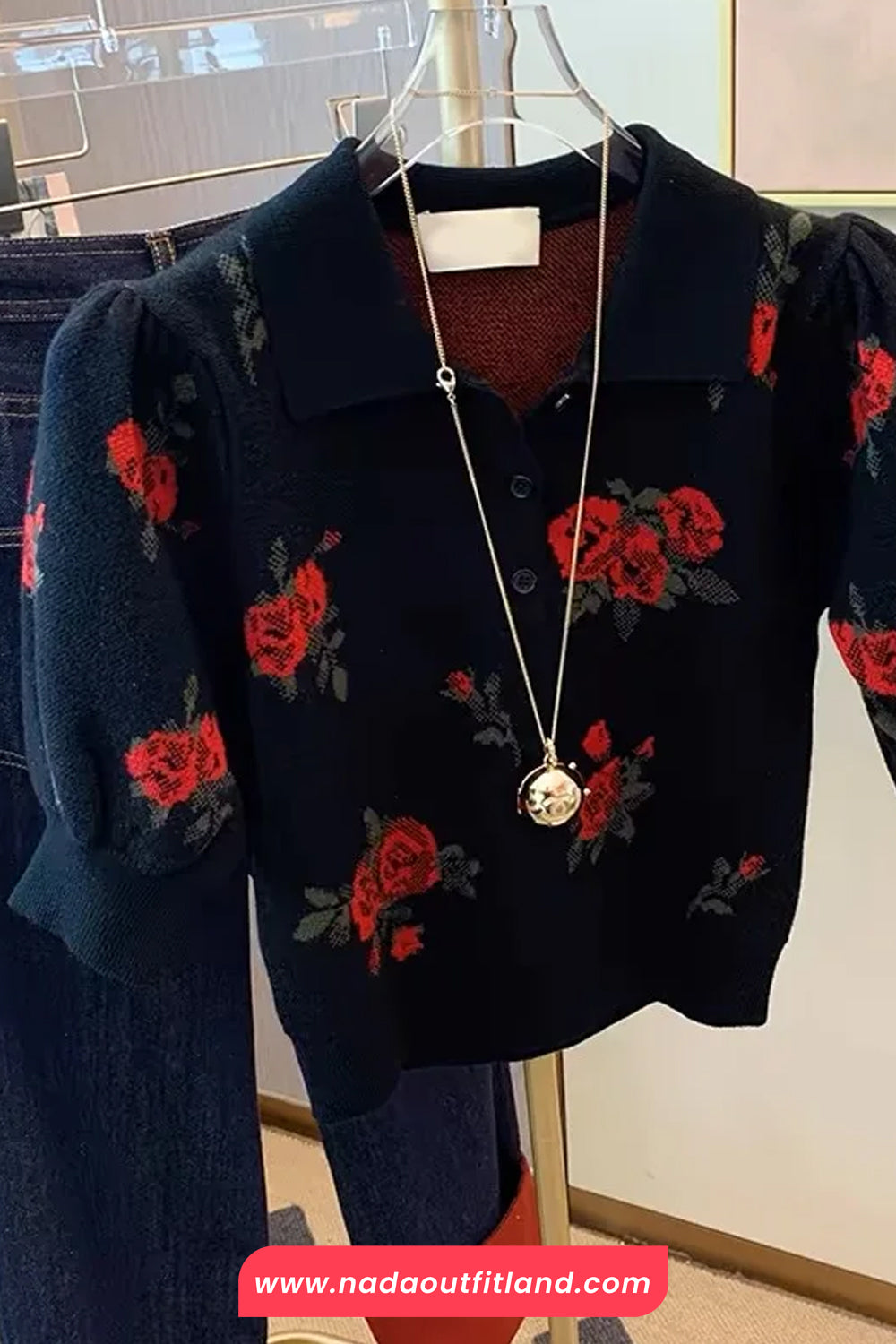 Short Sleeve Red Rose Pattern Knitted Shirt