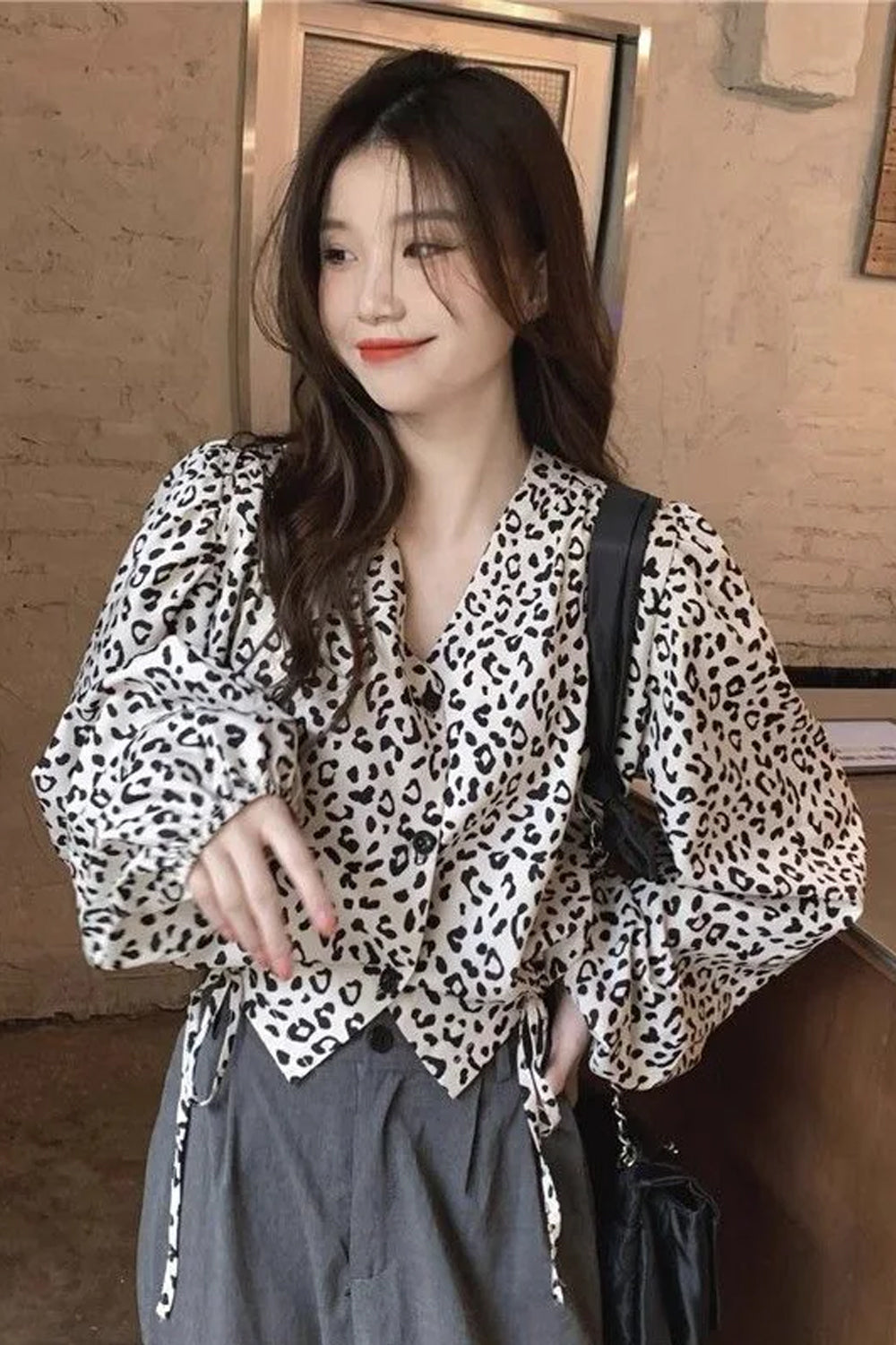 V-Neck Leopard Pattern Lace Up Slim Blouse Shirt