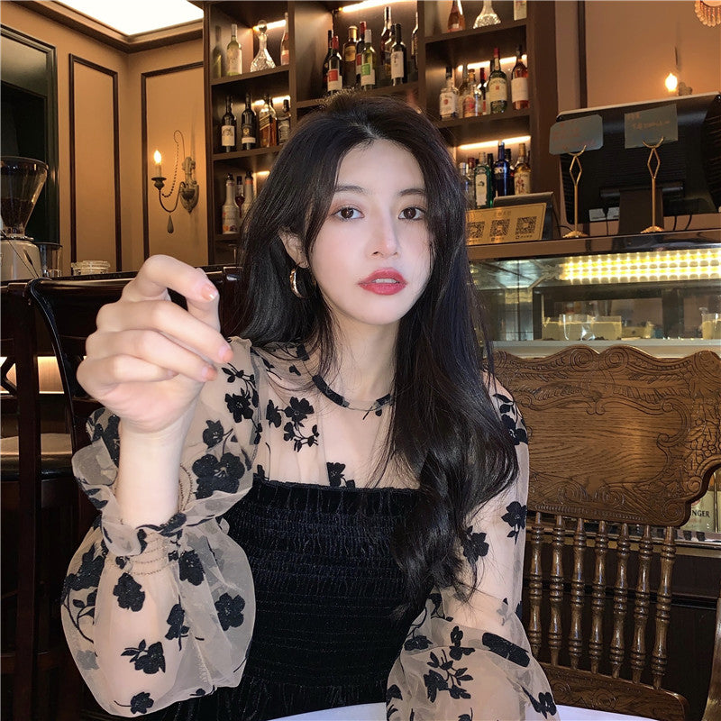 Sexy Floral Mesh Patchwork Transparent Shirt