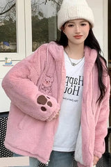Loose Vintage Cute Bear Embroidered Faux Lamb Jacket