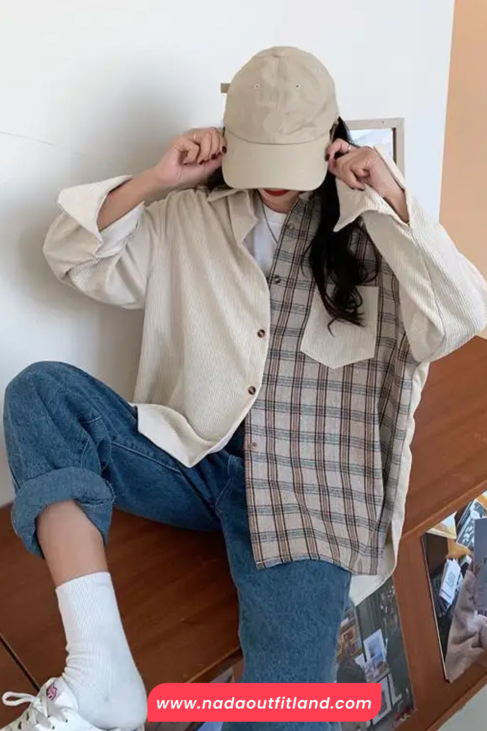 Long Sleeve Plaid Patchwork Corduroy Blouse Shirt
