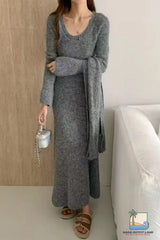 Long Sleeve Vintage Kniited Slim Fit Dress With Scarf