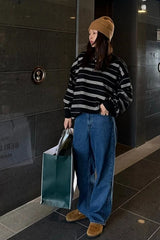Long Sleeve Turn Down Collar Striped Sweater