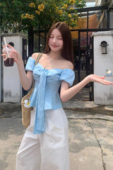 Sexy Slash Neck Puff Sleeve Cropped Shirt