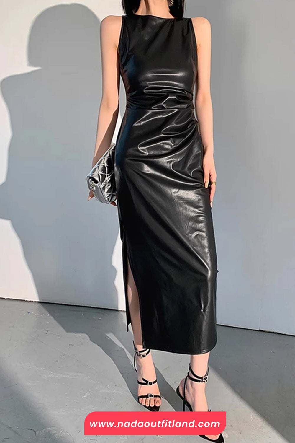 Soft Faux Leather Slim Fit Long Dress