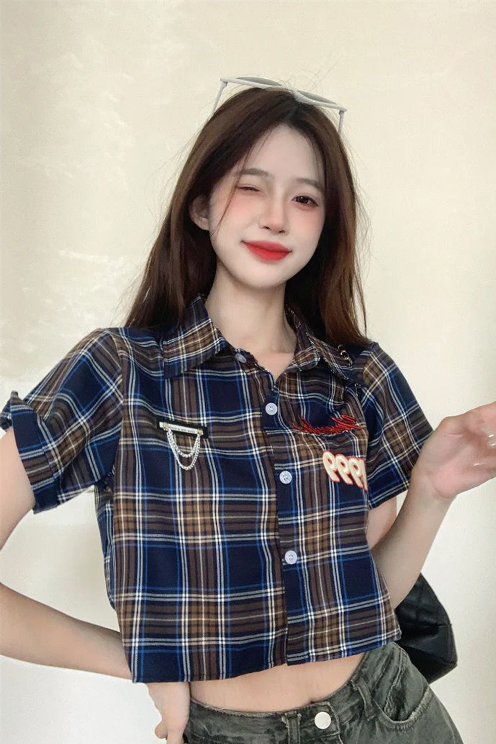 Short Sleeve Retro Plaid Cute Cropped Blouse Shirt