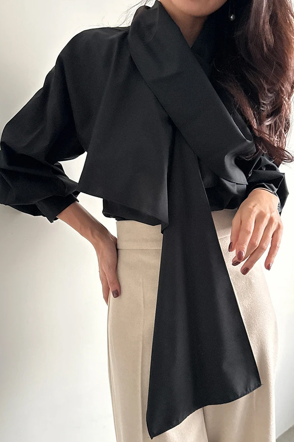 Long Sleeve Elegant Shawl Patchwork Office Blouse Shirt