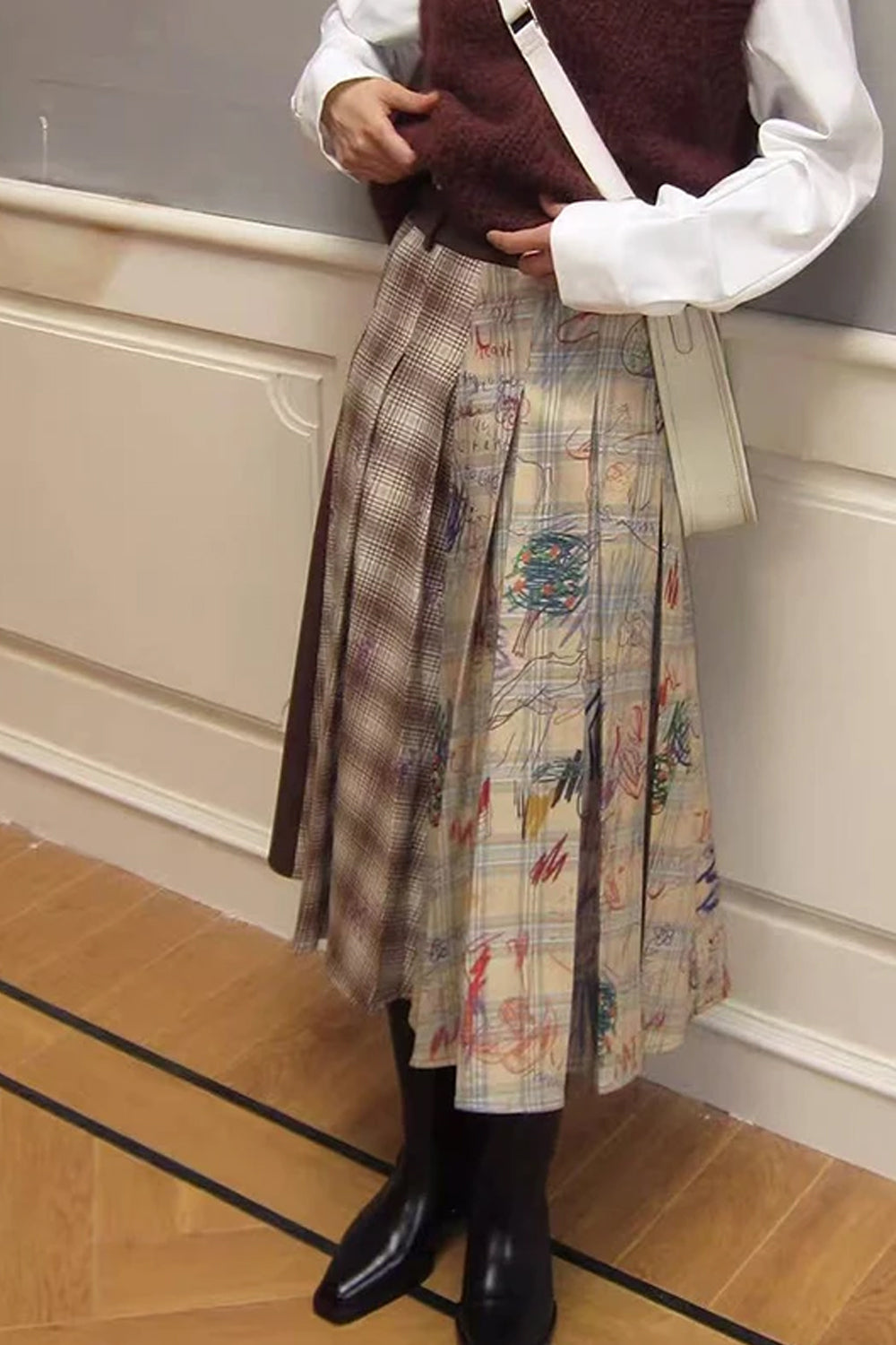 High Waist Two Style Plaid Graffiti A-Line Pleated Skirts