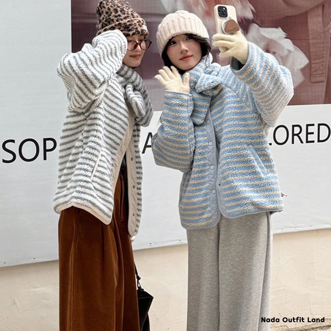 Long Sleeve Two Style Fleece Striped Padded Coat Jacket