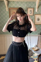 Puff Sleeve Sexy Elegant Mesh Transparent Crop Tops