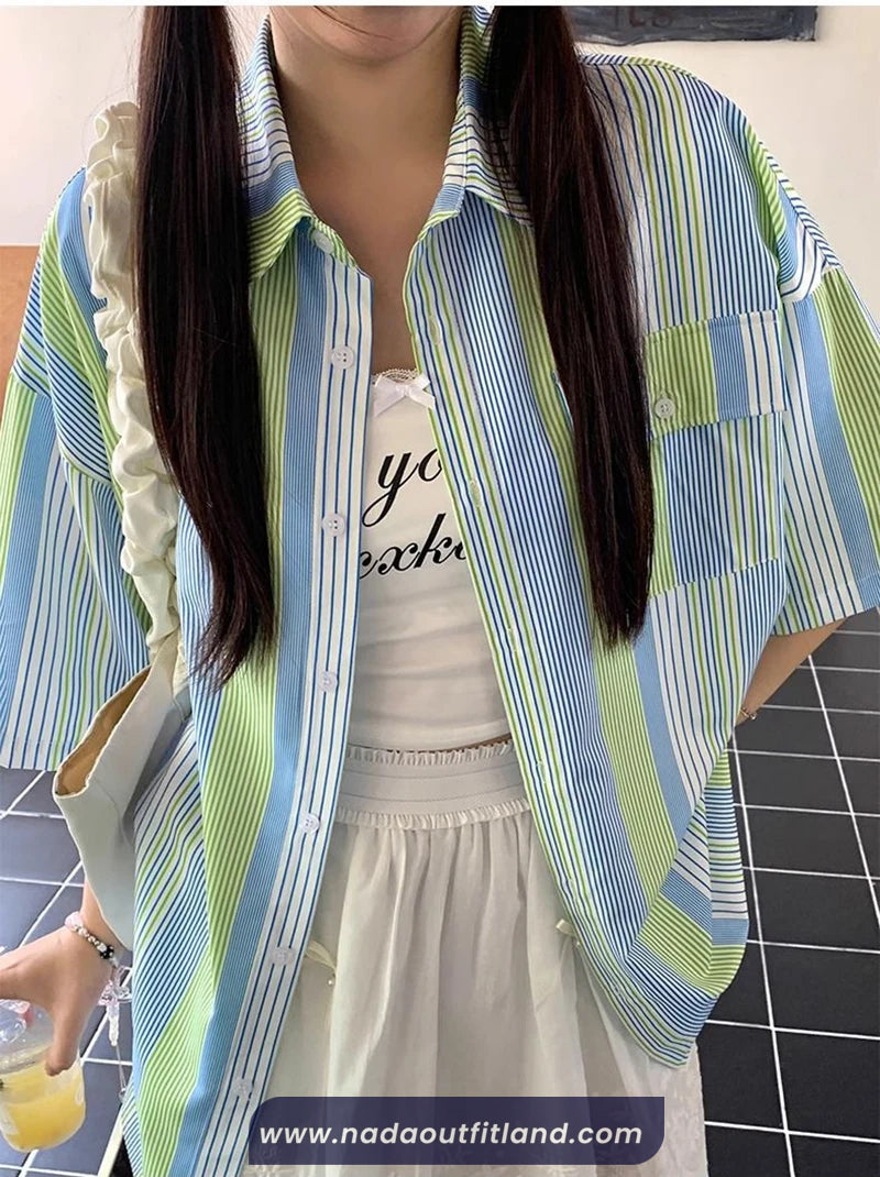 Short Sleeve Retro Green and Blue Striped Blouse Shirt