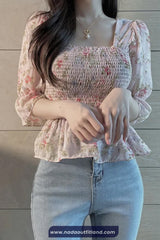 Lantern Sleeve Floral Printed Slim Blouse Shirt