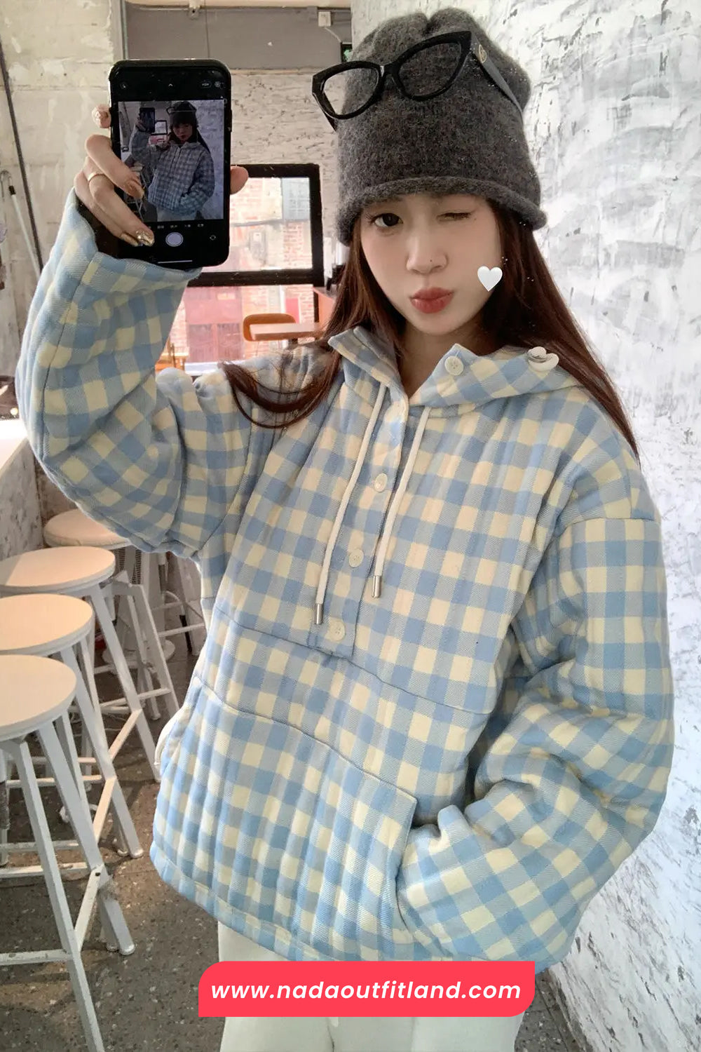 Long Sleeve Blue Plaid Hooded Puffer Coat Jacket
