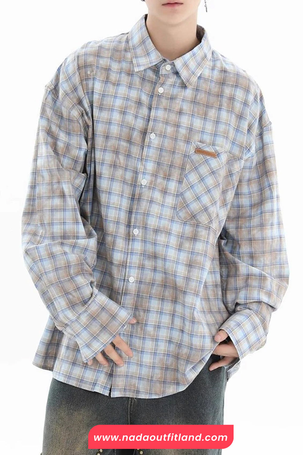 Long Sleeve Retro Plaid Tie Dye Style Blouse Shirt