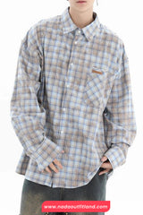 Long Sleeve Retro Plaid Tie Dye Style Blouse Shirt