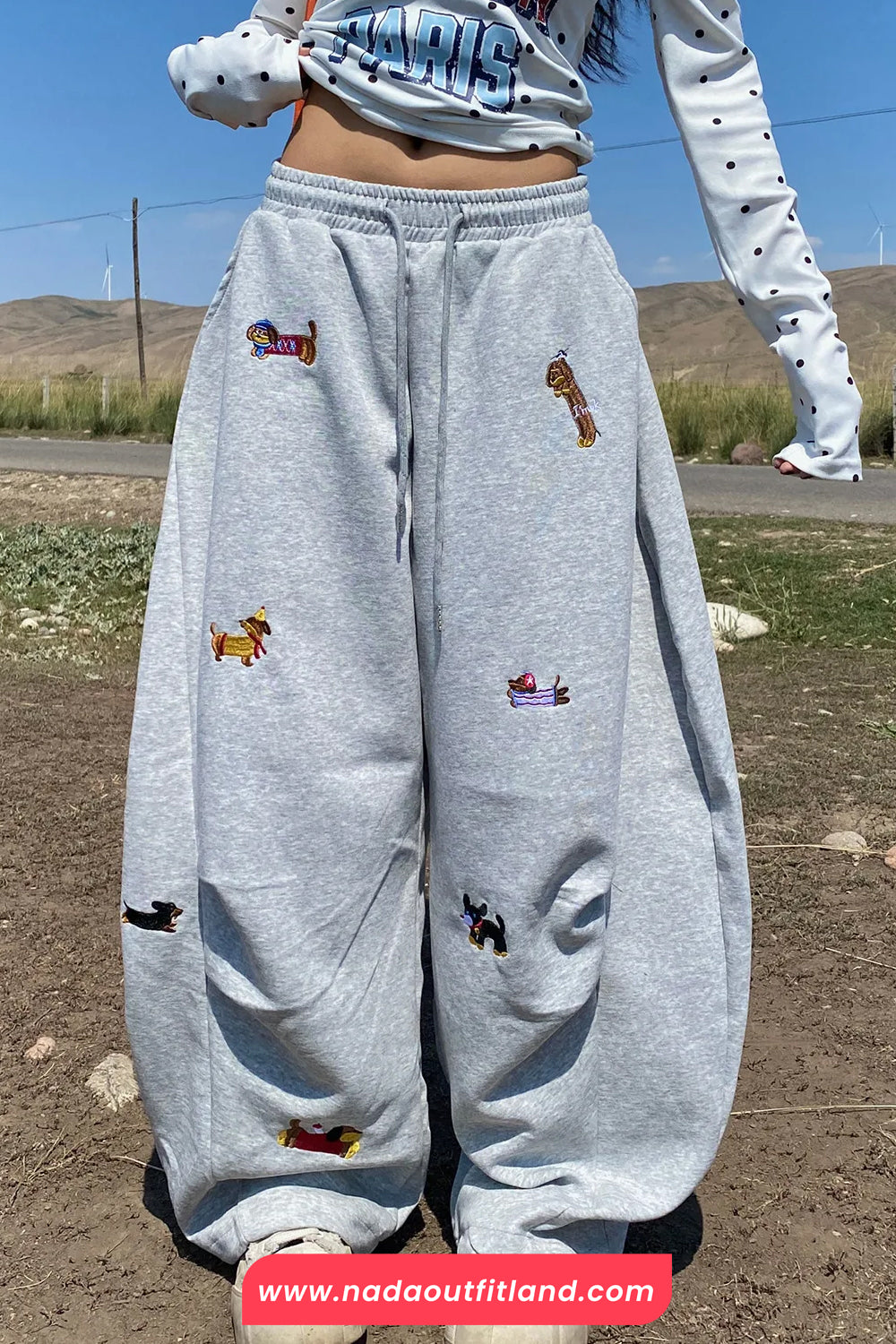 Loose Cute Dog Pattern Embroidered Wide Leg Sweatpants