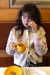 Long Sleeve Pink Floral Pattern Cardigan Sweater