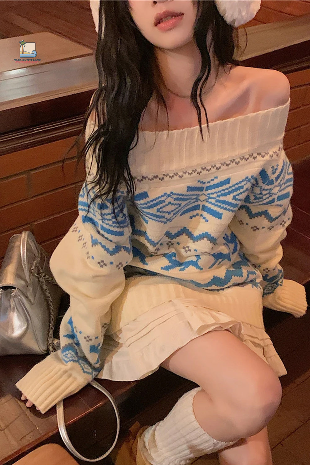 Sexy Slash Neck Retro Pattern Knitted Sweater