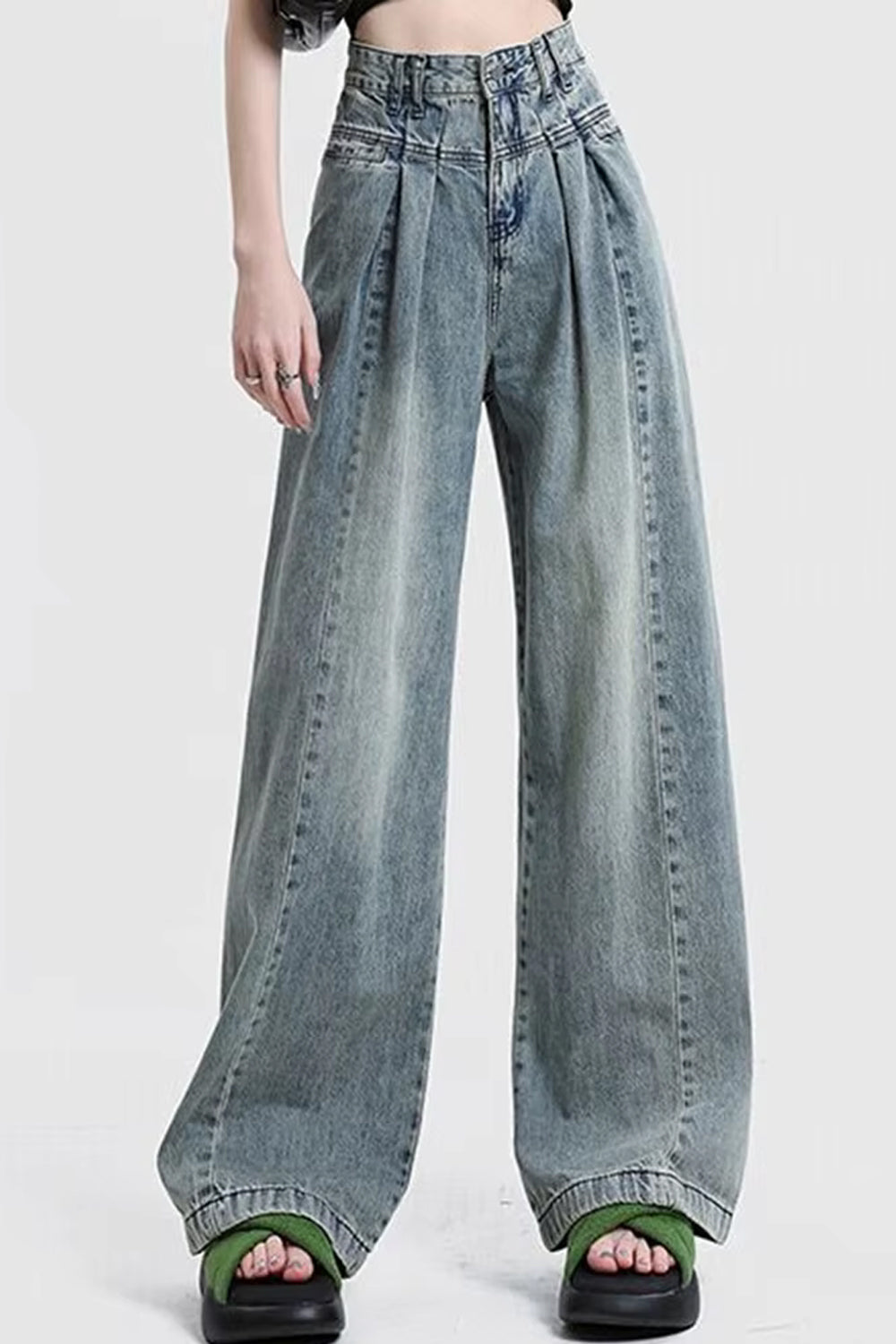 High Waist Pleated Style Washed Jeans Pants