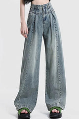 High Waist Pleated Style Washed Jeans Pants