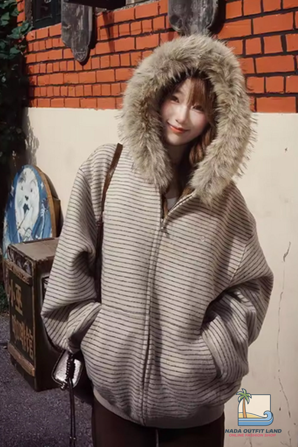 Long Sleeve Striped Faux Fur Style Hooded Sweatshirt