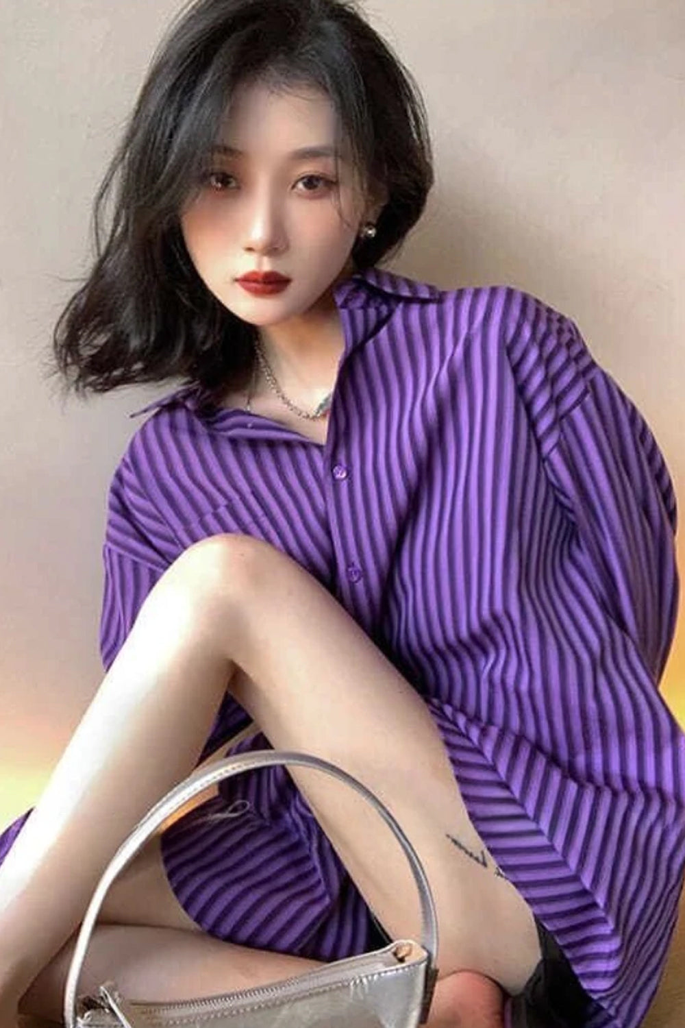 Long Sleeve Retro Purple Striped Casual Blouse Shirt