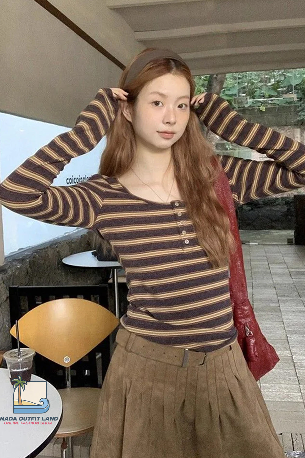 Long Sleeve U-Neck Retro Striped Shirt
