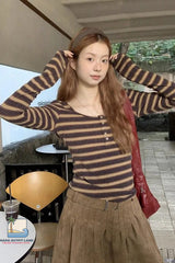 Long Sleeve U-Neck Retro Striped Shirt