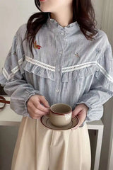 Long Sleeve High Neck Striped Blouse Shirt