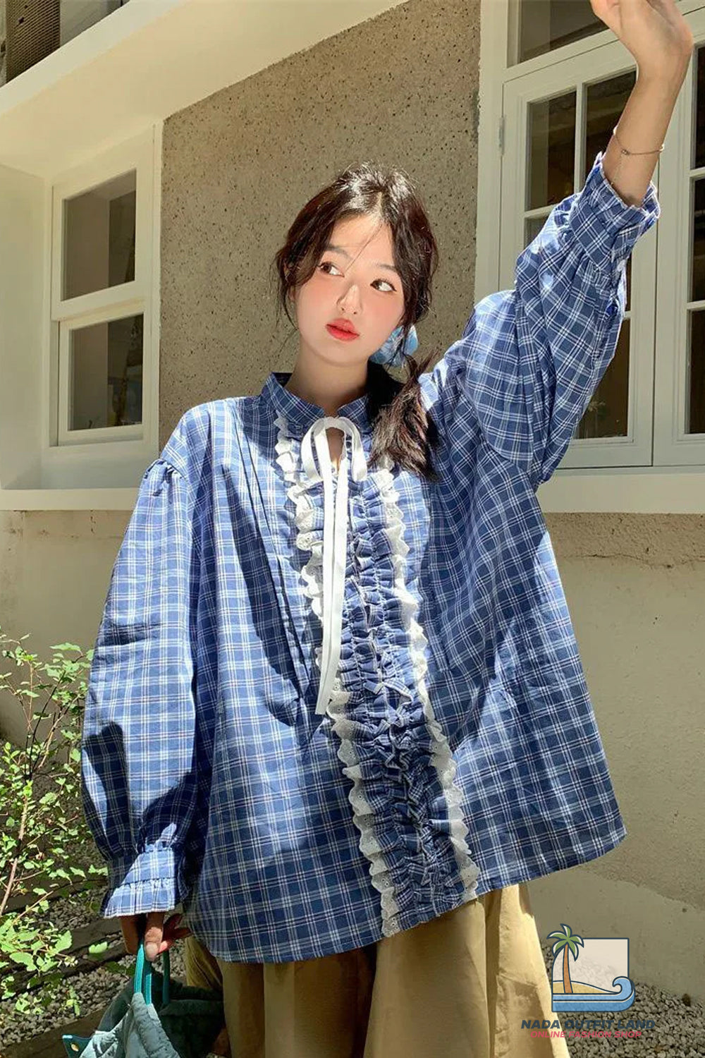 Long Sleeve Bow Lace Up Ruffled Blue Plaid Blouse Shirt