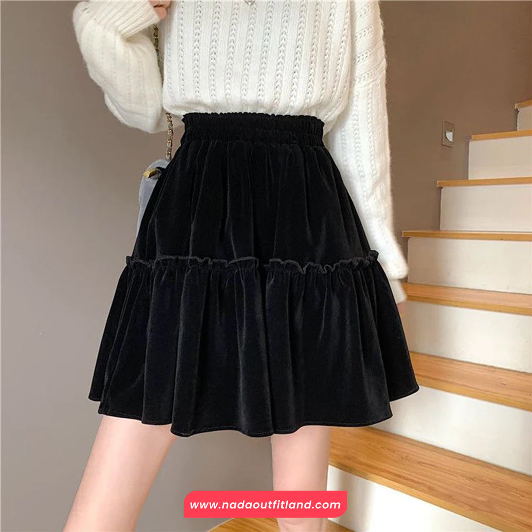 High Waist Solid A-Line Velvet Mini Skirts