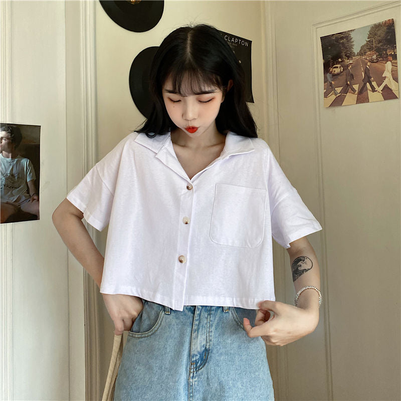 Turn Down Collar Loose Cropped Shirt
