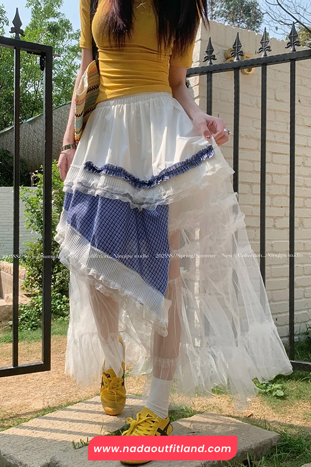 High Waist Irregular Plaid Lace Mesh Casual Skirts