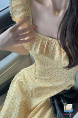 Square Collar Floral Pattern Ruffles Midi Dress