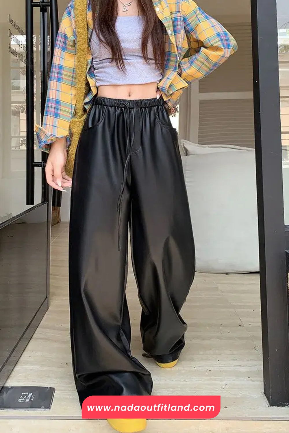 High Waist Loose Elastic Black Leather Women Pants